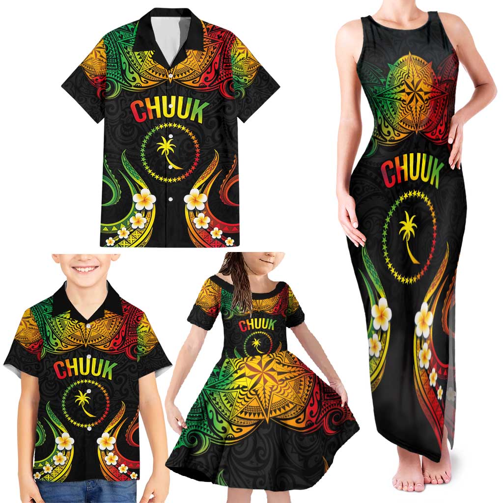 Personalised Chuuk Independence Day Family Matching Tank Maxi Dress and Hawaiian Shirt Polynesian Tattoo and Plumeria Reggae Color