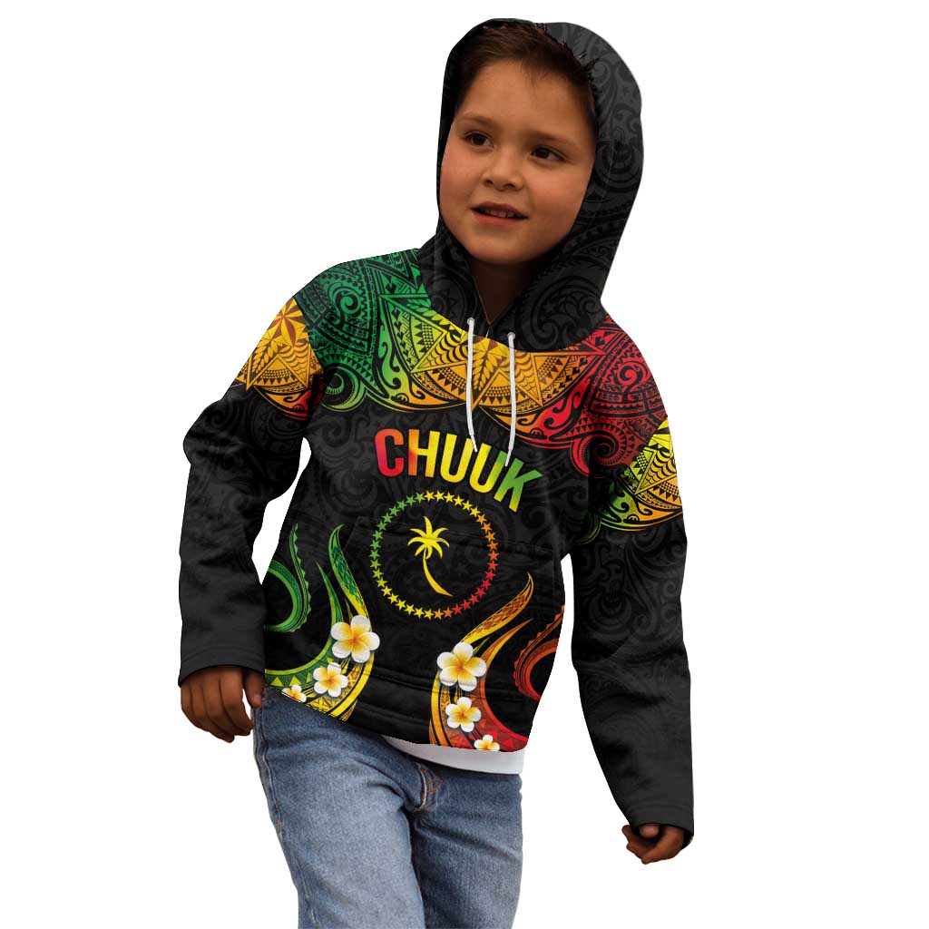 Personalised Chuuk Independence Day Kid Hoodie Polynesian Tattoo and Plumeria Reggae Color