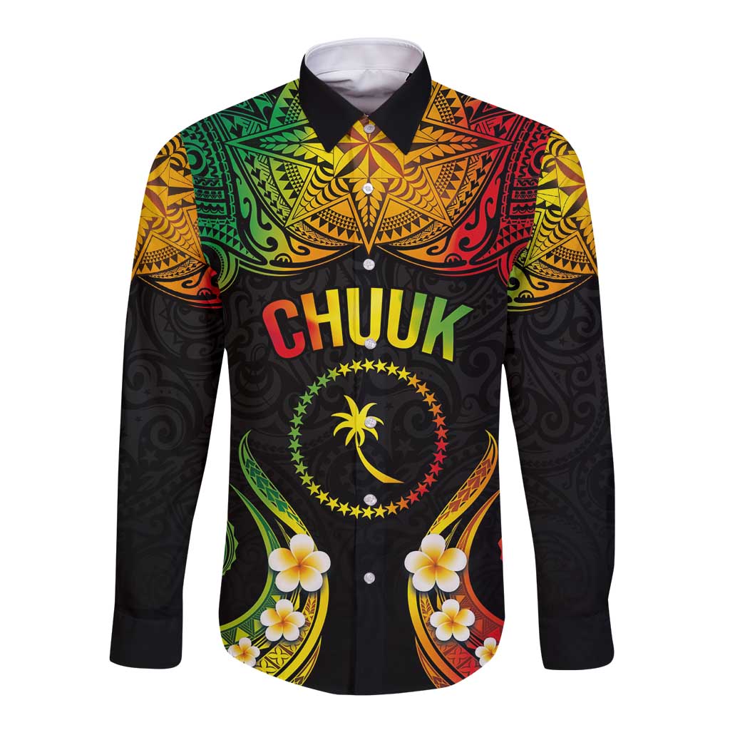 Personalised Chuuk Independence Day Long Sleeve Button Shirt Polynesian Tattoo and Plumeria Reggae Color