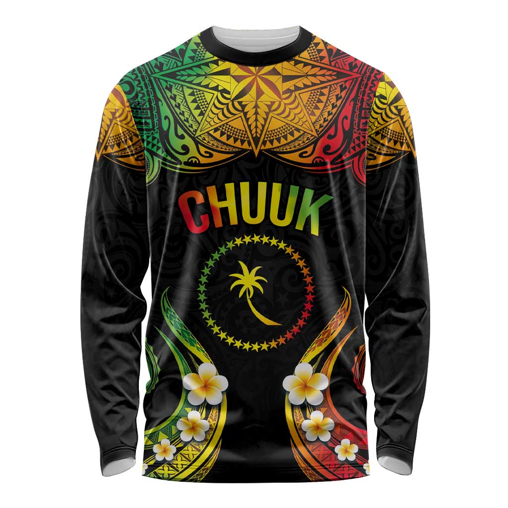 Personalised Chuuk Independence Day Long Sleeve Shirt Polynesian Tattoo and Plumeria Reggae Color