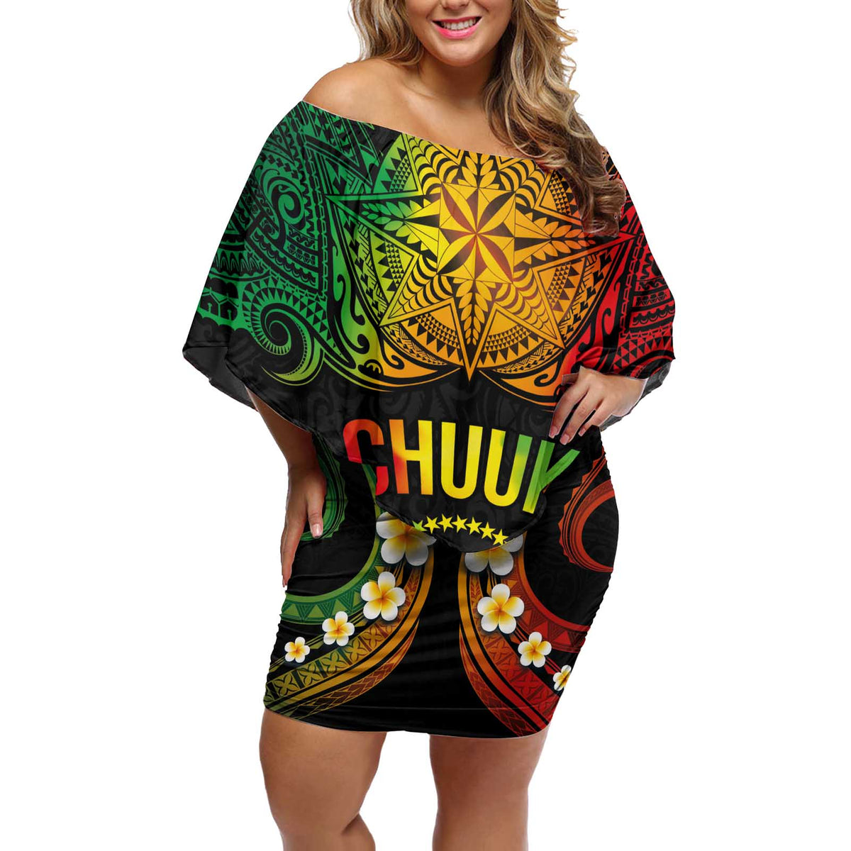 Personalised Chuuk Independence Day Off Shoulder Short Dress Polynesian Tattoo and Plumeria Reggae Color