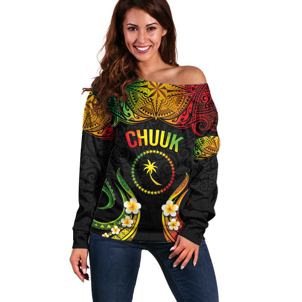 Personalised Chuuk Independence Day Off Shoulder Sweater Polynesian Tattoo and Plumeria Reggae Color