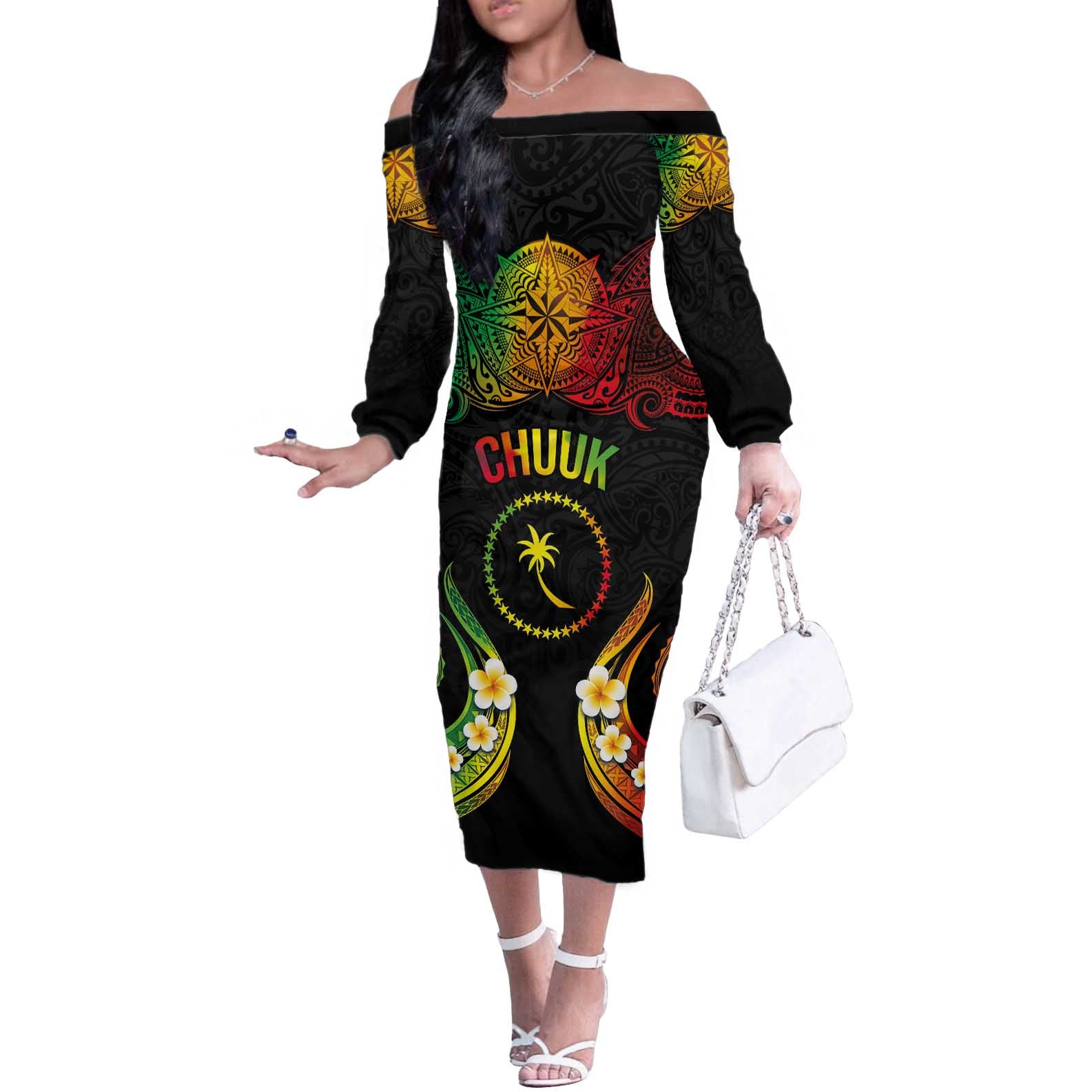 Personalised Chuuk Independence Day Off The Shoulder Long Sleeve Dress Polynesian Tattoo and Plumeria Reggae Color