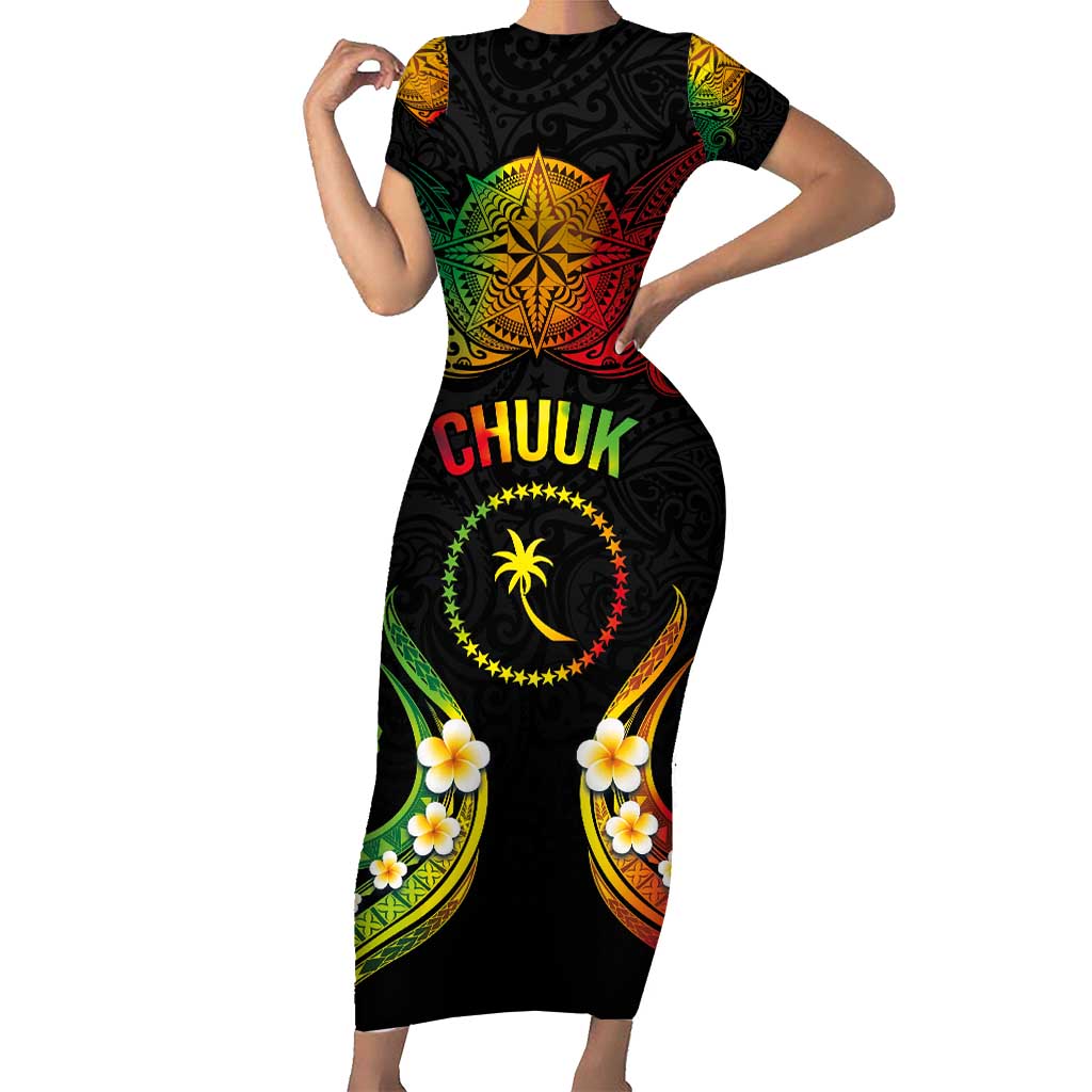 Personalised Chuuk Independence Day Short Sleeve Bodycon Dress Polynesian Tattoo and Plumeria Reggae Color