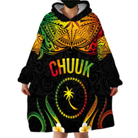 Personalised Chuuk Independence Day Wearable Blanket Hoodie Polynesian Tattoo and Plumeria Reggae Color
