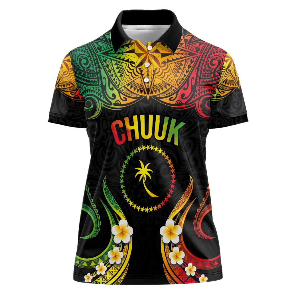 Personalised Chuuk Independence Day Women Polo Shirt Polynesian Tattoo and Plumeria Reggae Color