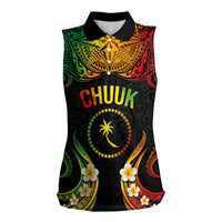 Personalised Chuuk Independence Day Women Sleeveless Polo Shirt Polynesian Tattoo and Plumeria Reggae Color