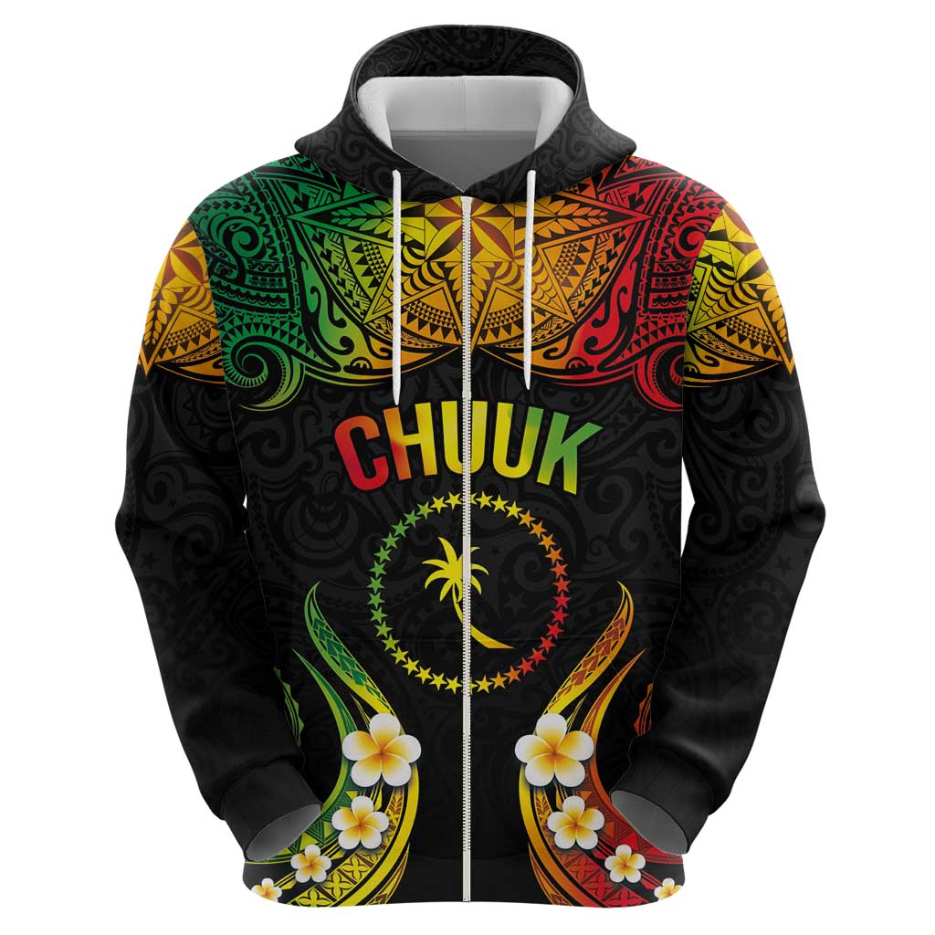 Personalised Chuuk Independence Day Zip Hoodie Polynesian Tattoo and Plumeria Reggae Color