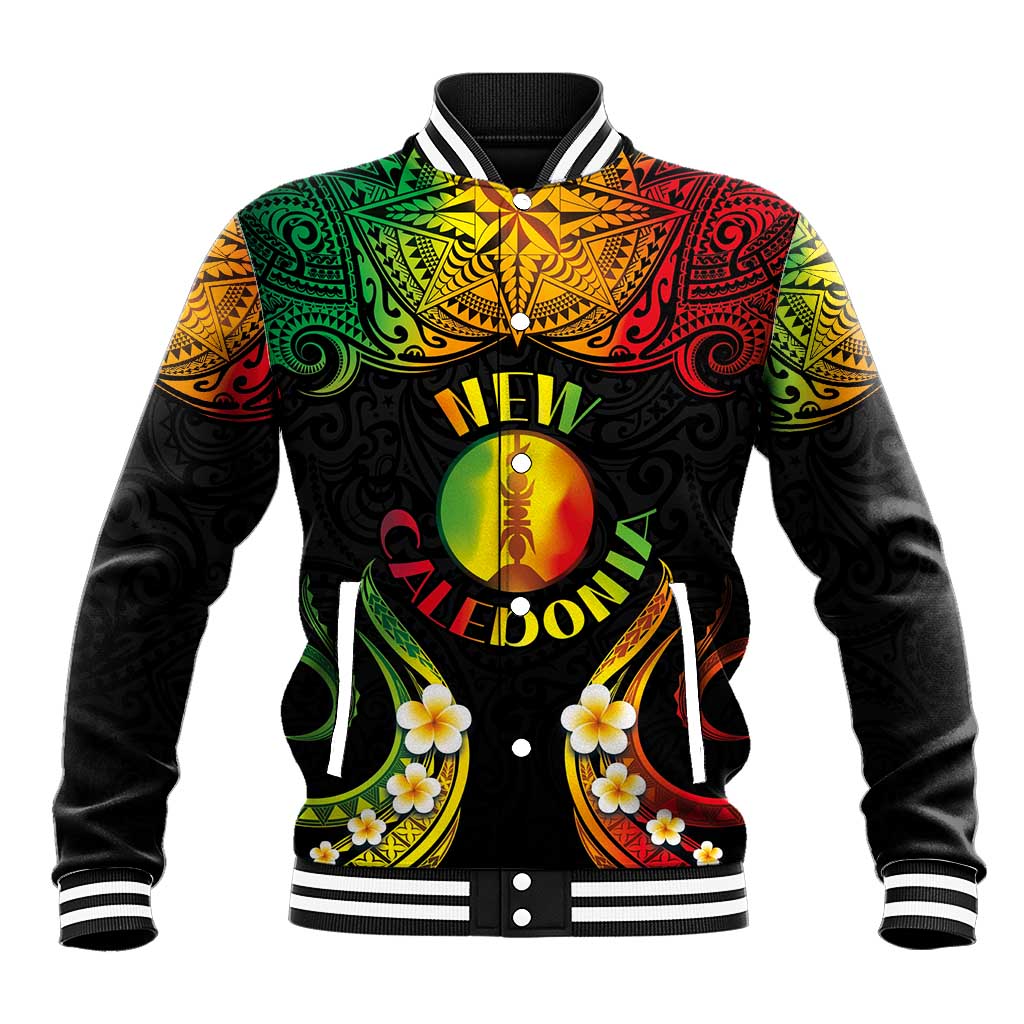 Personalised New Caledonia Independence Day Baseball Jacket Polynesian Tattoo and Plumeria Reggae Color