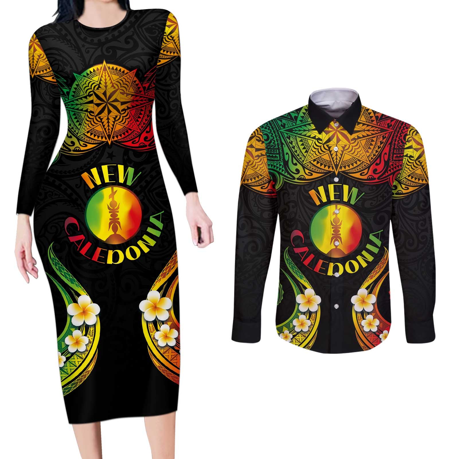 Personalised New Caledonia Independence Day Couples Matching Long Sleeve Bodycon Dress and Long Sleeve Button Shirt Polynesian Tattoo and Plumeria Reggae Color