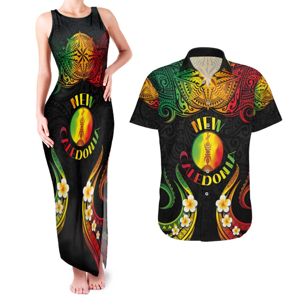 Personalised New Caledonia Independence Day Couples Matching Tank Maxi Dress and Hawaiian Shirt Polynesian Tattoo and Plumeria Reggae Color