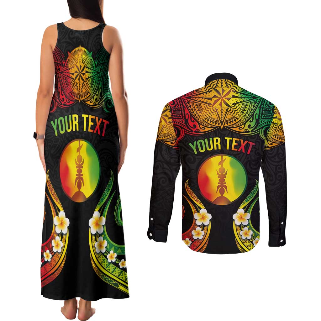 Personalised New Caledonia Independence Day Couples Matching Tank Maxi Dress and Long Sleeve Button Shirt Polynesian Tattoo and Plumeria Reggae Color