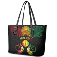 Personalised New Caledonia Independence Day Leather Tote Bag Polynesian Tattoo and Plumeria Reggae Color
