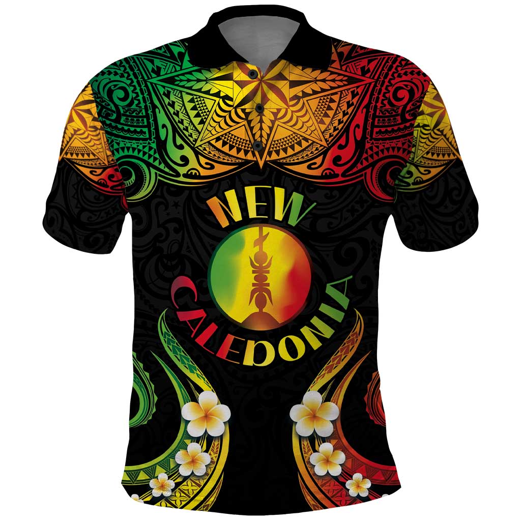 Personalised New Caledonia Independence Day Polo Shirt Polynesian Tattoo and Plumeria Reggae Color