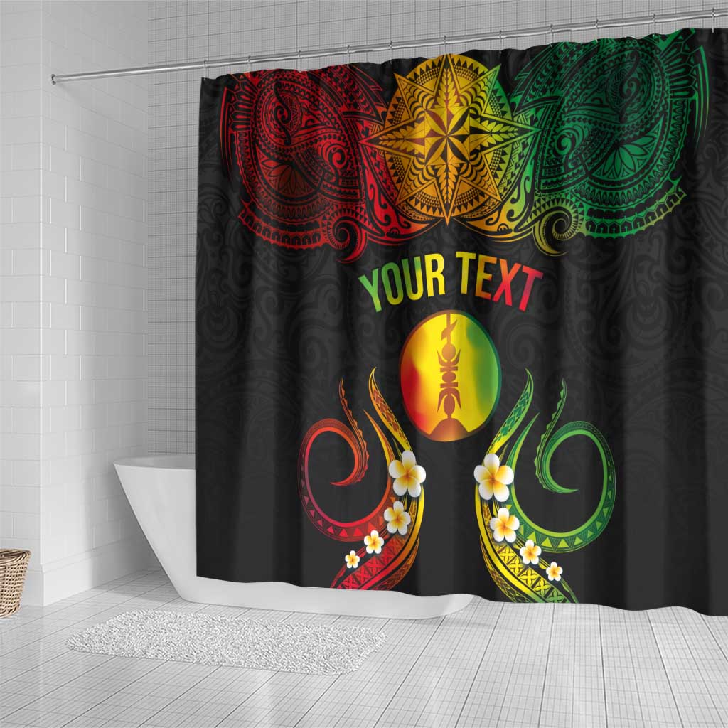 Personalised New Caledonia Independence Day Shower Curtain Polynesian Tattoo and Plumeria Reggae Color