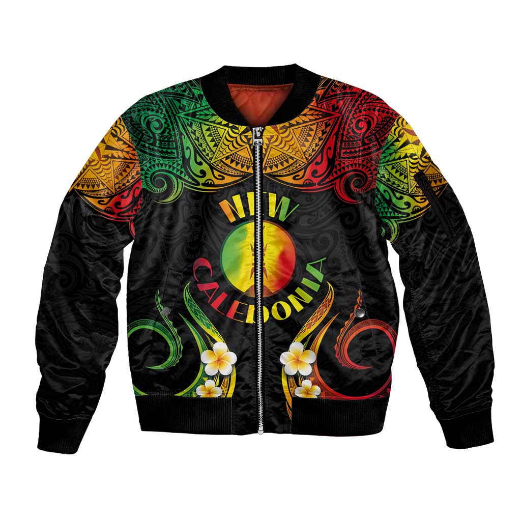 Personalised New Caledonia Independence Day Sleeve Zip Bomber Jacket Polynesian Tattoo and Plumeria Reggae Color