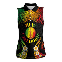 Personalised New Caledonia Independence Day Women Sleeveless Polo Shirt Polynesian Tattoo and Plumeria Reggae Color