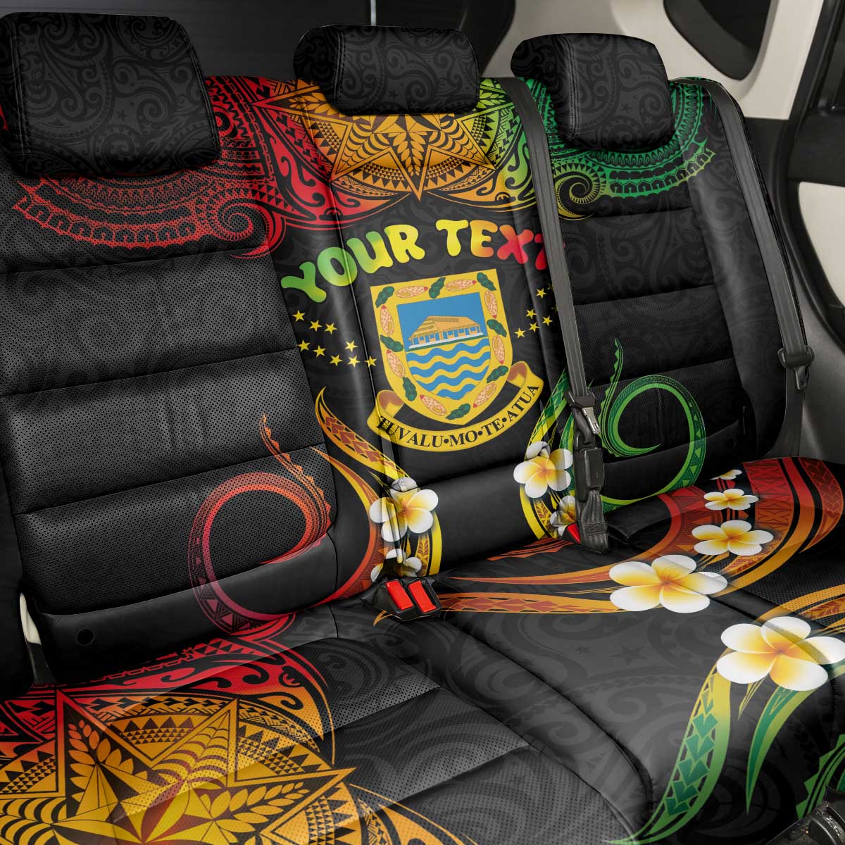 Personalised Tuvalu Independence Day Back Car Seat Cover Polynesian Tattoo and Plumeria Reggae Color