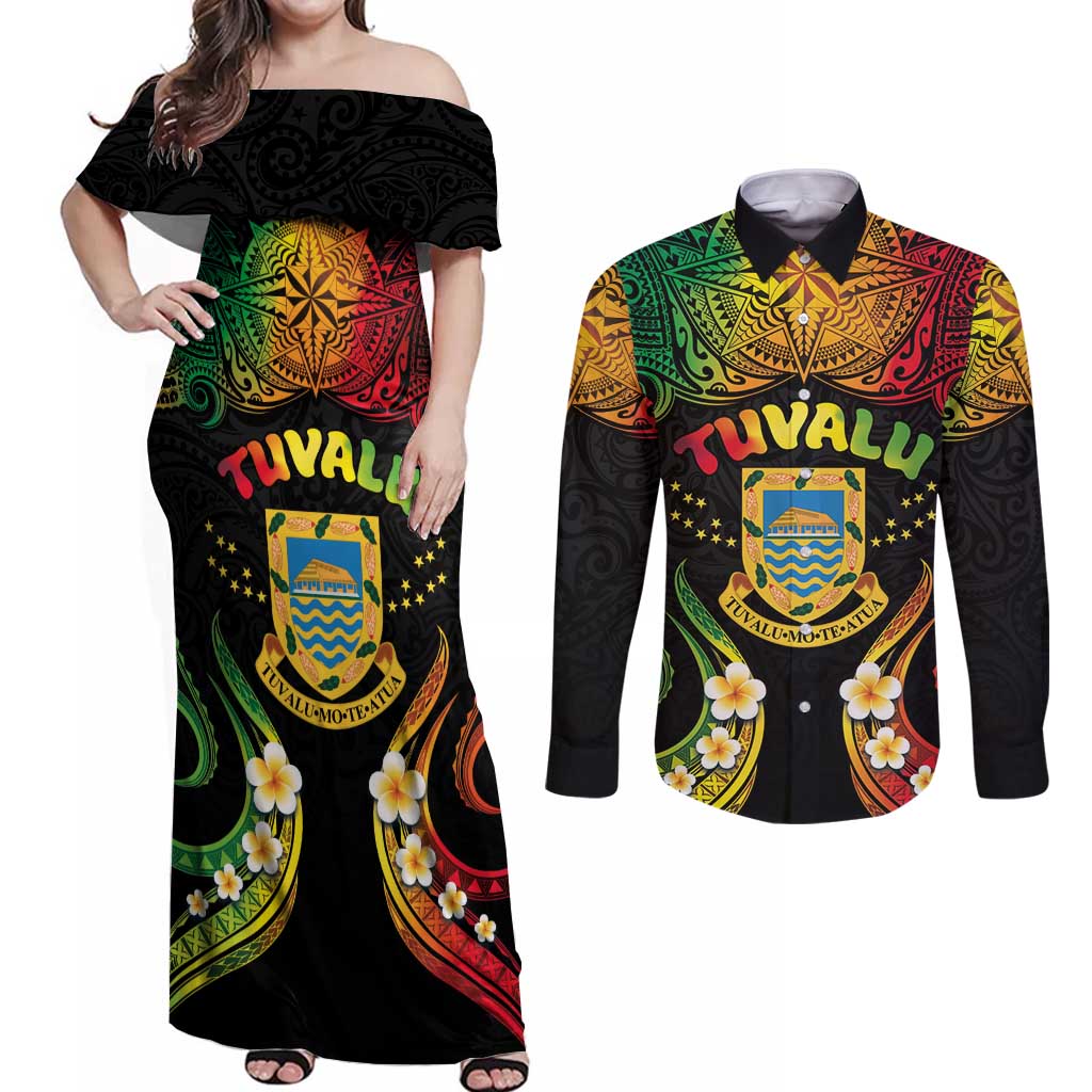 Personalised Tuvalu Independence Day Couples Matching Off Shoulder Maxi Dress and Long Sleeve Button Shirt Polynesian Tattoo and Plumeria Reggae Color LT03 Reggae - Polynesian Pride