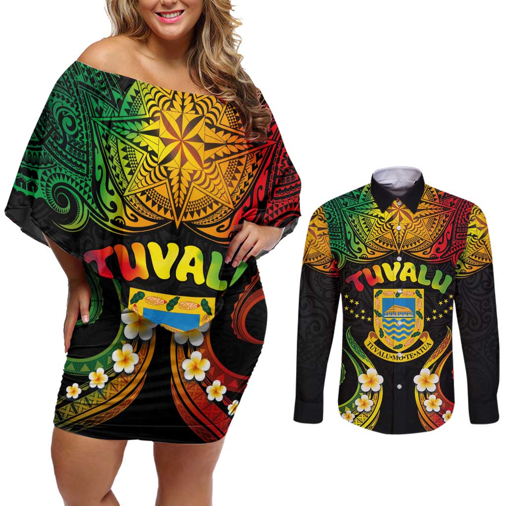 Personalised Tuvalu Independence Day Couples Matching Off Shoulder Short Dress and Long Sleeve Button Shirt Polynesian Tattoo and Plumeria Reggae Color LT03 Reggae - Polynesian Pride