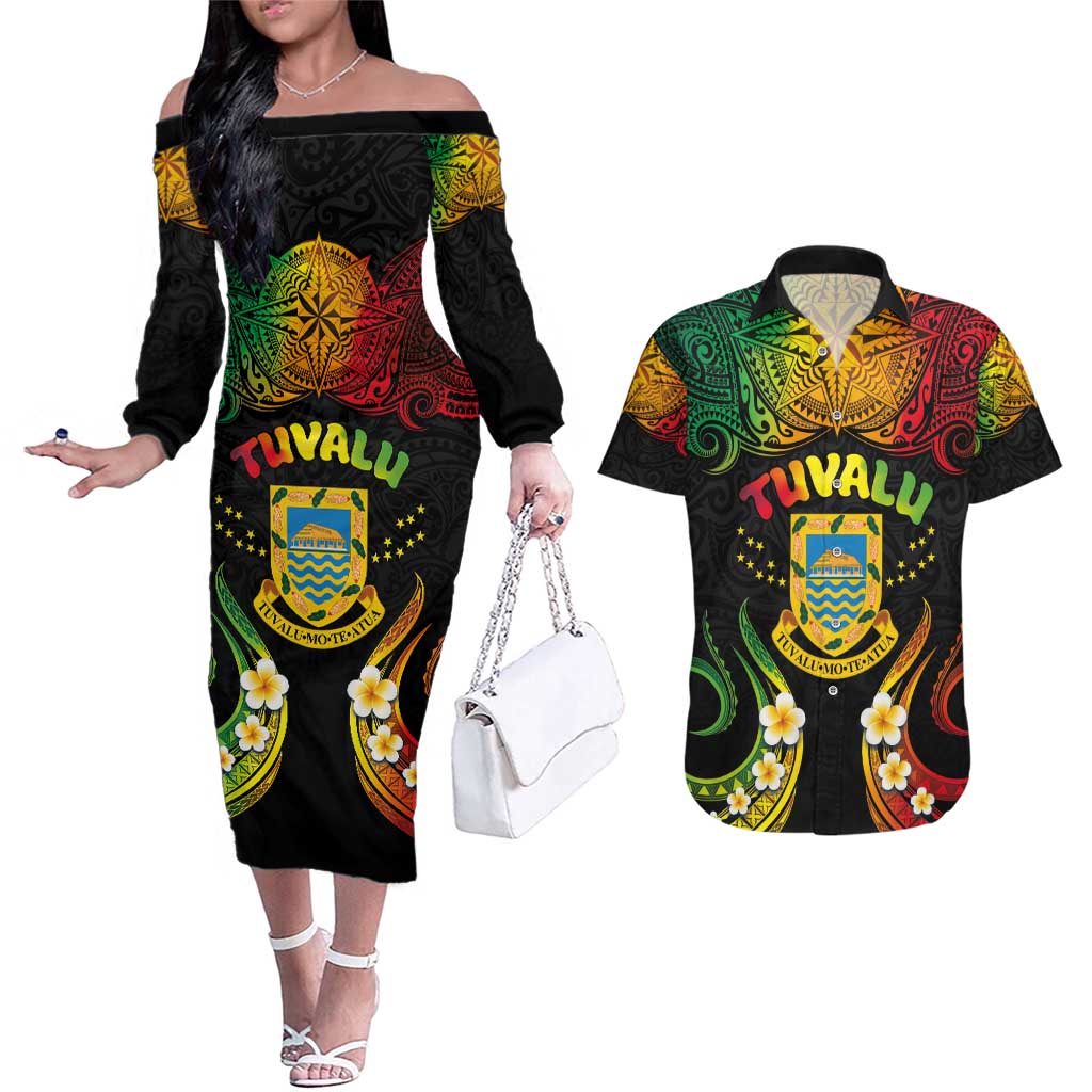 Personalised Tuvalu Independence Day Couples Matching Off The Shoulder Long Sleeve Dress and Hawaiian Shirt Polynesian Tattoo and Plumeria Reggae Color LT03 Reggae - Polynesian Pride