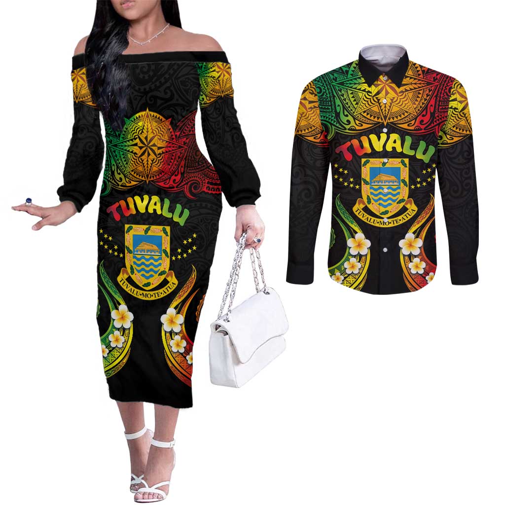 Personalised Tuvalu Independence Day Couples Matching Off The Shoulder Long Sleeve Dress and Long Sleeve Button Shirt Polynesian Tattoo and Plumeria Reggae Color