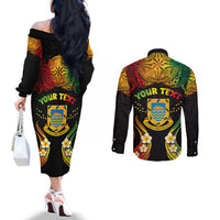 Personalised Tuvalu Independence Day Couples Matching Off The Shoulder Long Sleeve Dress and Long Sleeve Button Shirt Polynesian Tattoo and Plumeria Reggae Color LT03 - Polynesian Pride