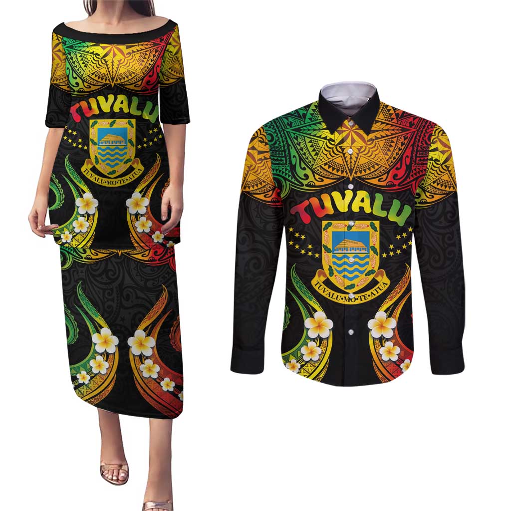 Personalised Tuvalu Independence Day Couples Matching Puletasi and Long Sleeve Button Shirt Polynesian Tattoo and Plumeria Reggae Color LT03 Reggae - Polynesian Pride