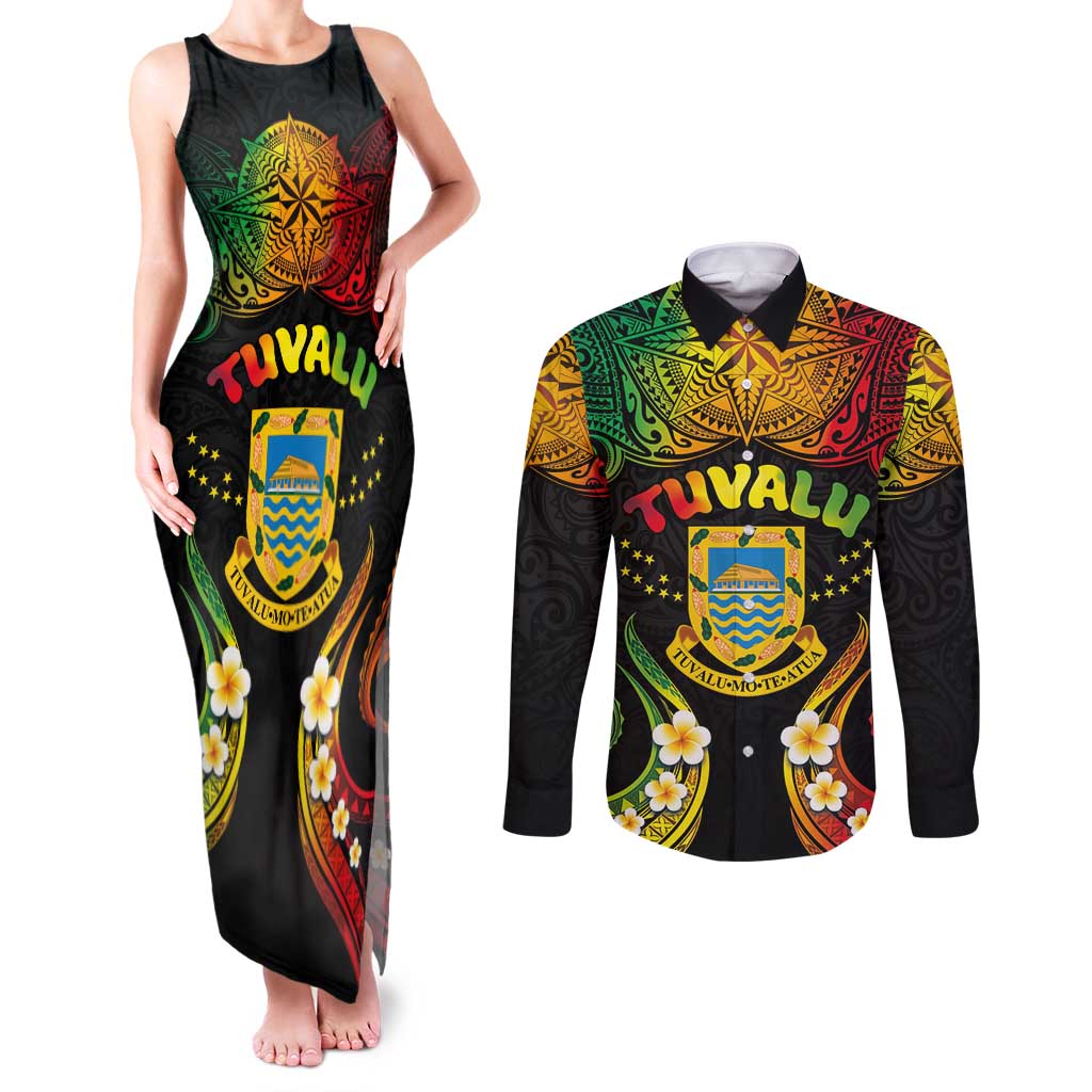 Personalised Tuvalu Independence Day Couples Matching Tank Maxi Dress and Long Sleeve Button Shirt Polynesian Tattoo and Plumeria Reggae Color