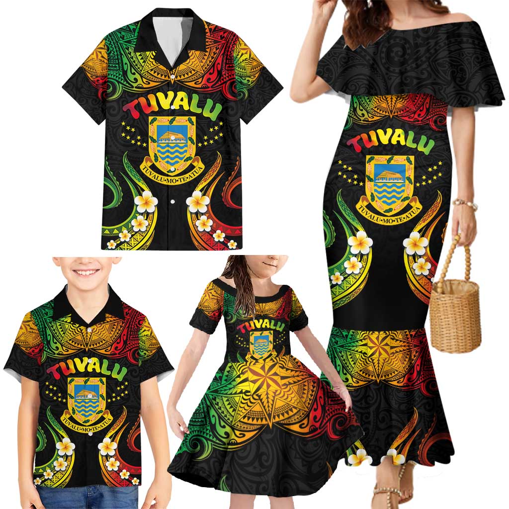 Personalised Tuvalu Independence Day Family Matching Mermaid Dress and Hawaiian Shirt Polynesian Tattoo and Plumeria Reggae Color LT03 - Polynesian Pride