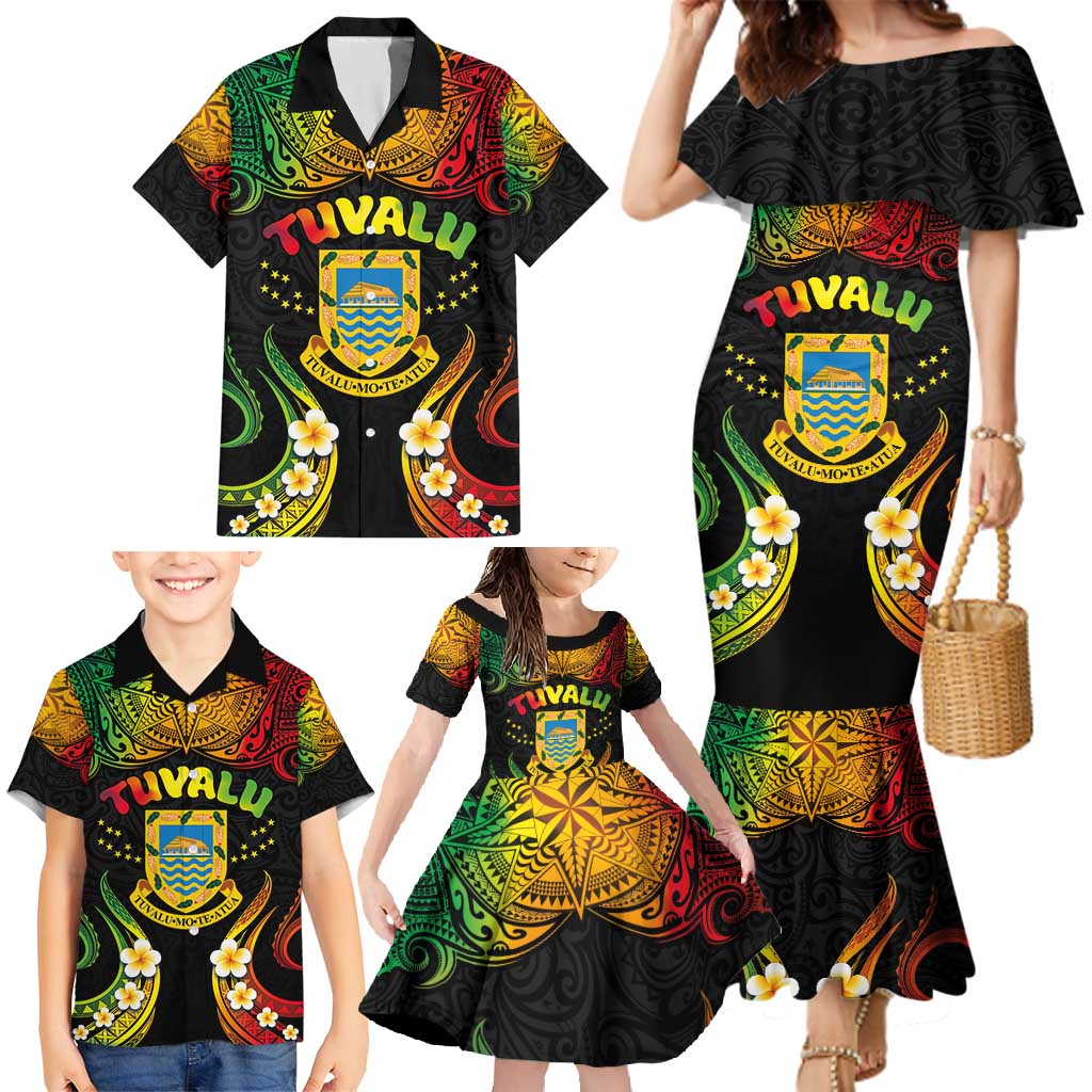 Personalised Tuvalu Independence Day Family Matching Mermaid Dress and Hawaiian Shirt Polynesian Tattoo and Plumeria Reggae Color