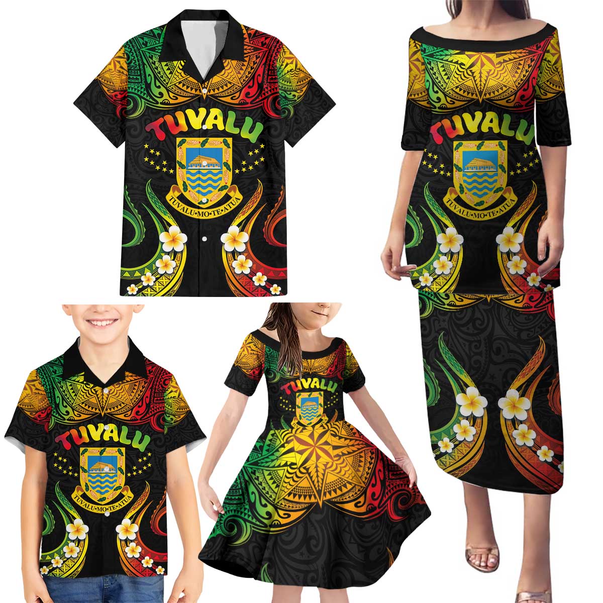 Personalised Tuvalu Independence Day Family Matching Puletasi and Hawaiian Shirt Polynesian Tattoo and Plumeria Reggae Color LT03 - Polynesian Pride