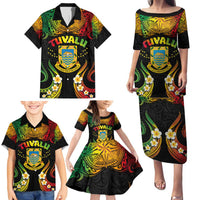 Personalised Tuvalu Independence Day Family Matching Puletasi and Hawaiian Shirt Polynesian Tattoo and Plumeria Reggae Color