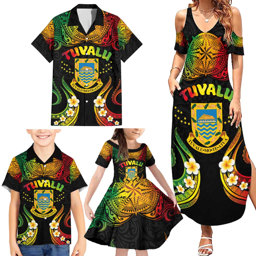 Personalised Tuvalu Independence Day Family Matching Summer Maxi Dress and Hawaiian Shirt Polynesian Tattoo and Plumeria Reggae Color