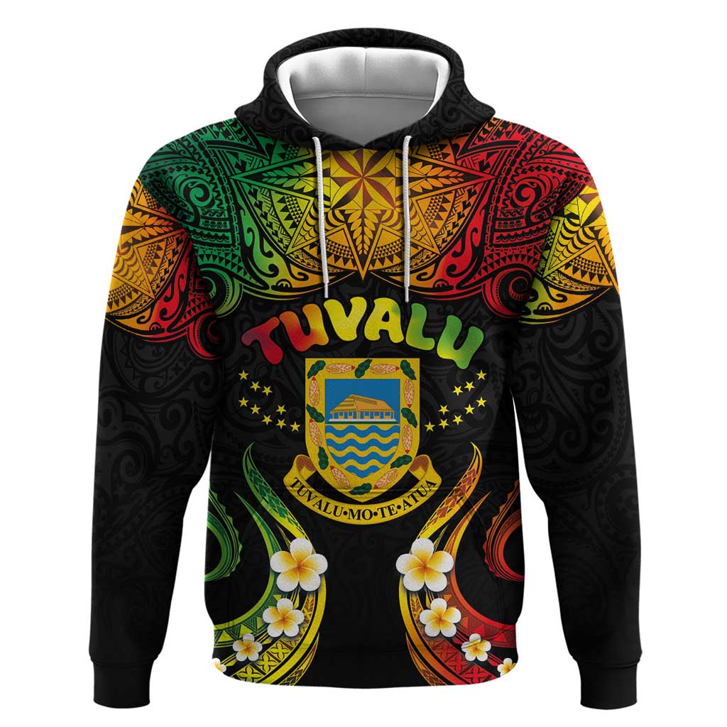 Personalised Tuvalu Independence Day Hoodie Polynesian Tattoo and Plumeria Reggae Color