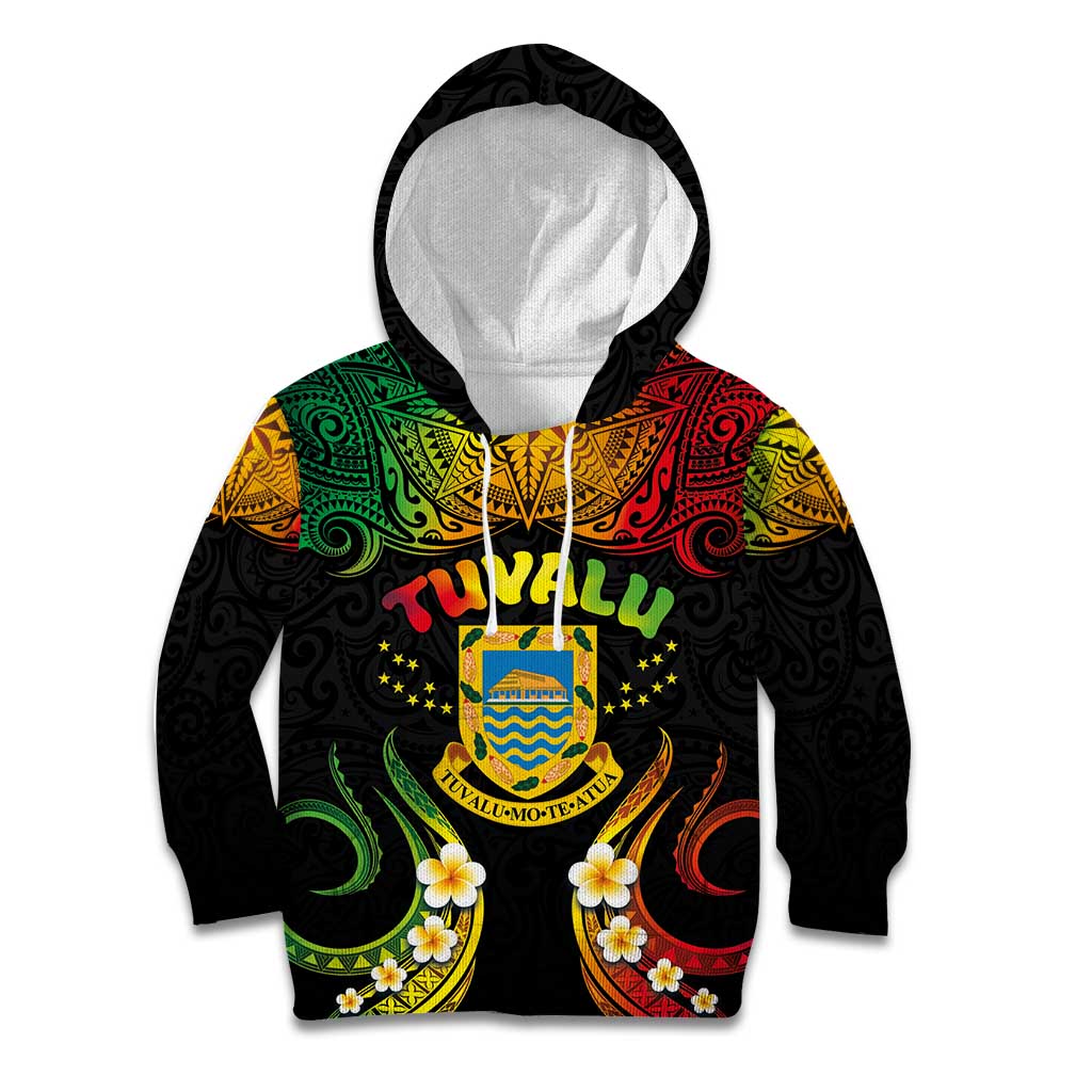 Personalised Tuvalu Independence Day Kid Hoodie Polynesian Tattoo and Plumeria Reggae Color