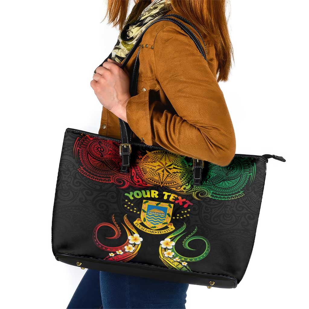 Personalised Tuvalu Independence Day Leather Tote Bag Polynesian Tattoo and Plumeria Reggae Color LT03 Reggae - Polynesian Pride
