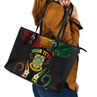 Personalised Tuvalu Independence Day Leather Tote Bag Polynesian Tattoo and Plumeria Reggae Color LT03 - Polynesian Pride