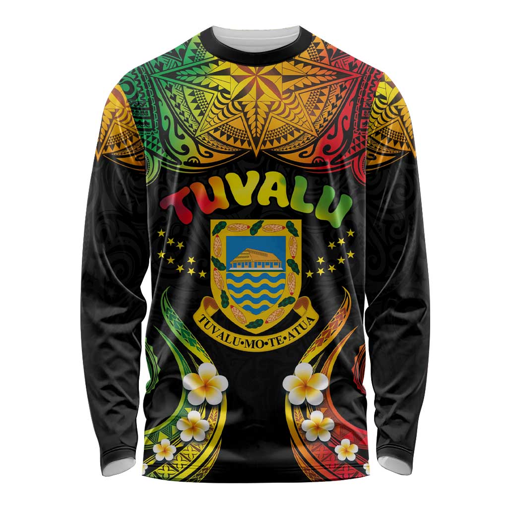 Personalised Tuvalu Independence Day Long Sleeve Shirt Polynesian Tattoo and Plumeria Reggae Color