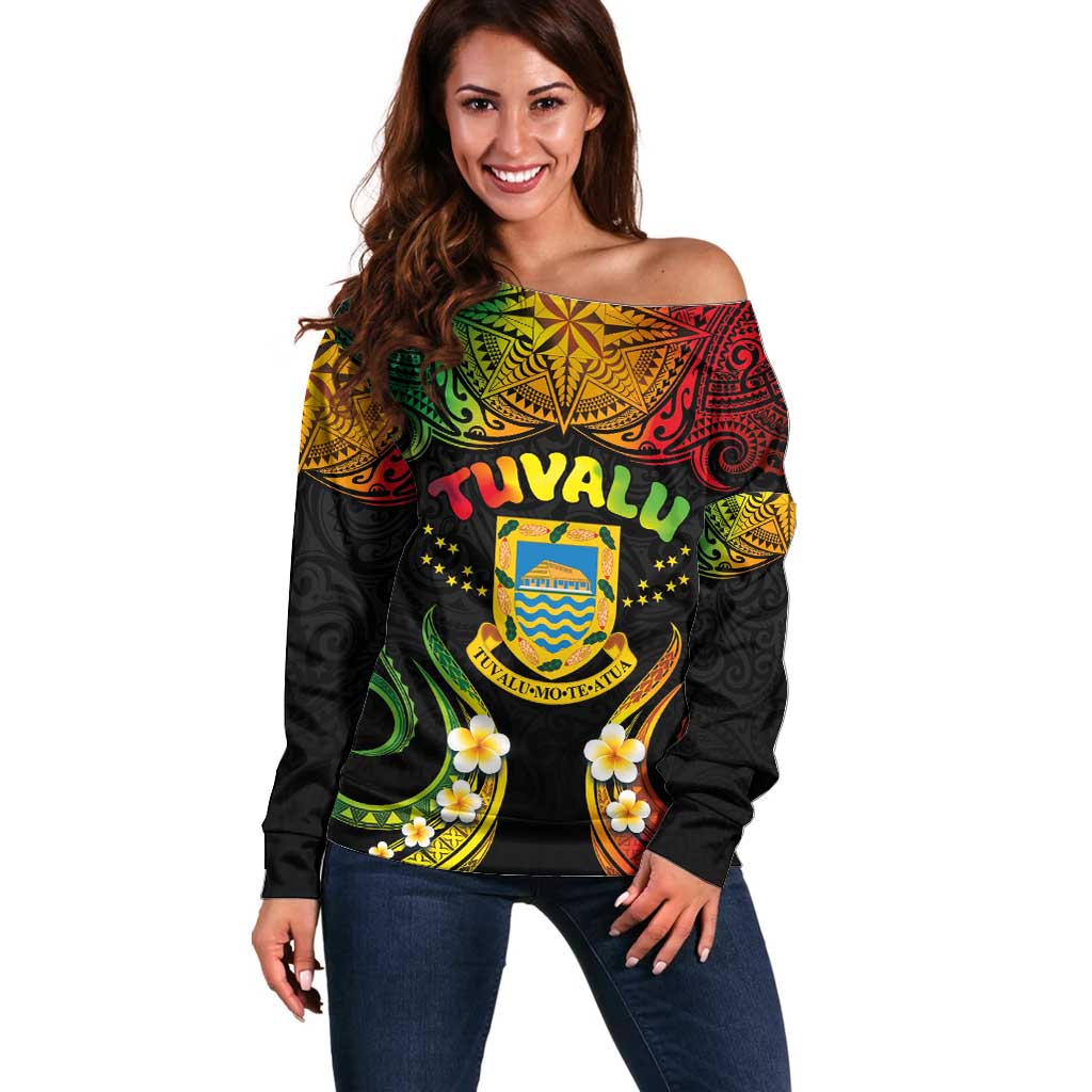 Personalised Tuvalu Independence Day Off Shoulder Sweater Polynesian Tattoo and Plumeria Reggae Color