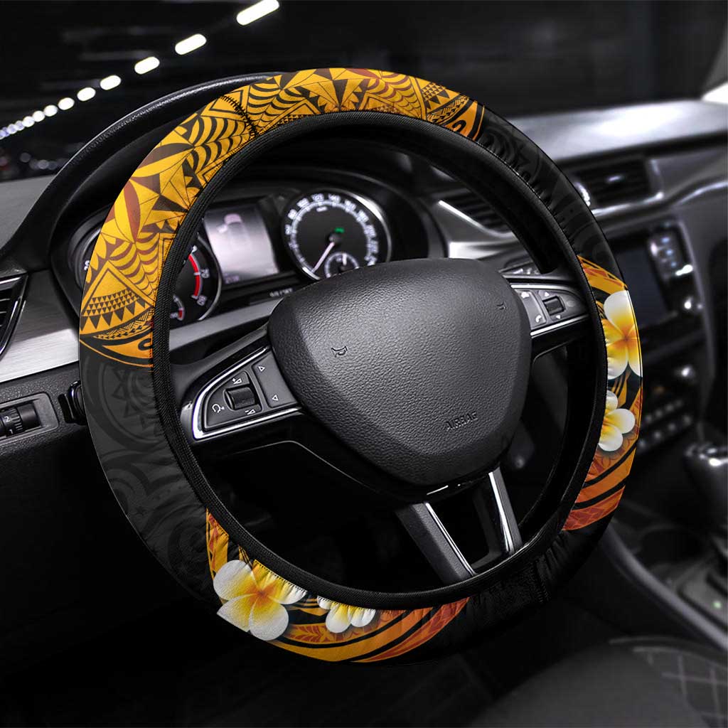 Tuvalu Independence Day Steering Wheel Cover Polynesian Tattoo and Plumeria Reggae Color LT03 Universal Fit Reggae - Polynesian Pride