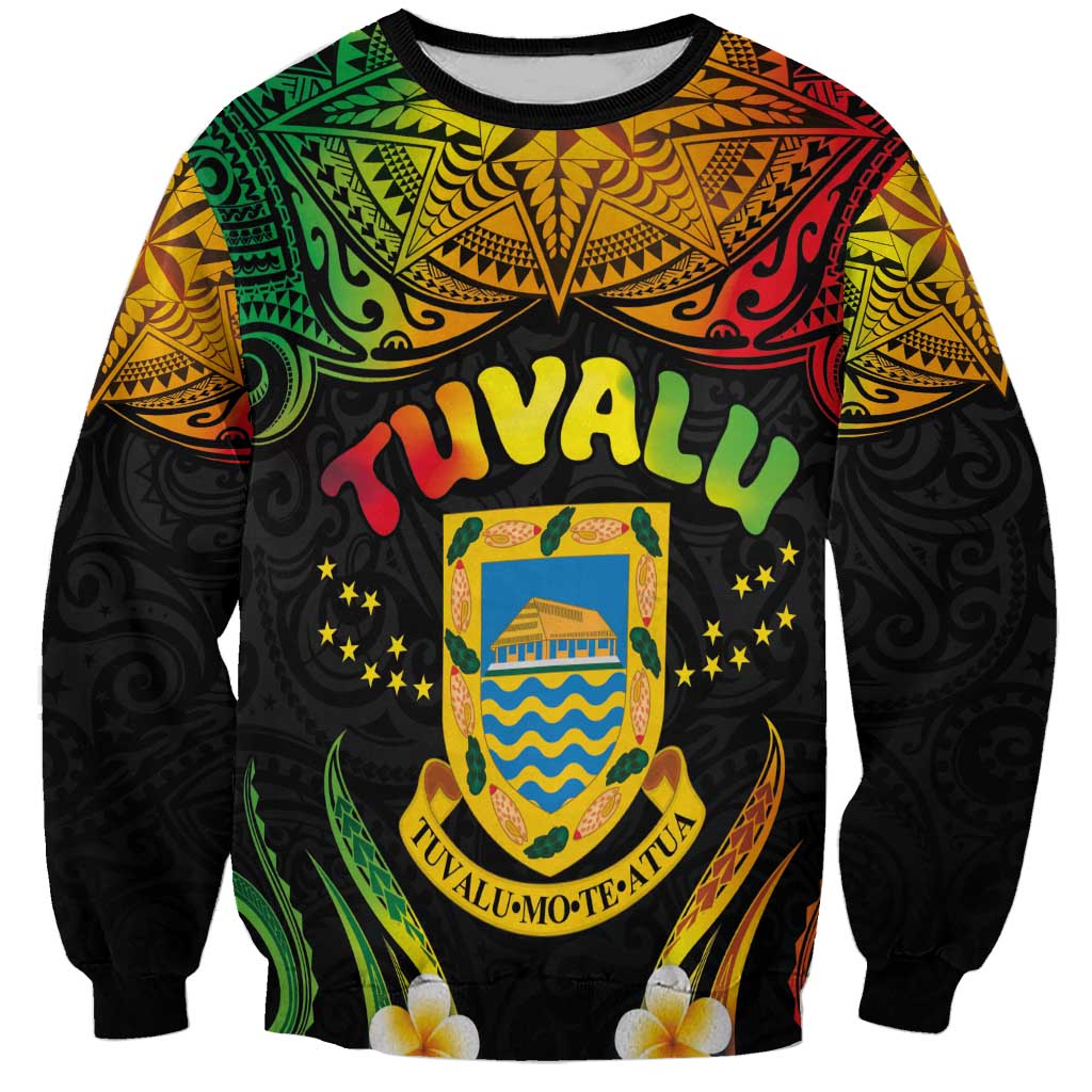 Personalised Tuvalu Independence Day Sweatshirt Polynesian Tattoo and Plumeria Reggae Color