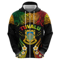 Personalised Tuvalu Independence Day Zip Hoodie Polynesian Tattoo and Plumeria Reggae Color