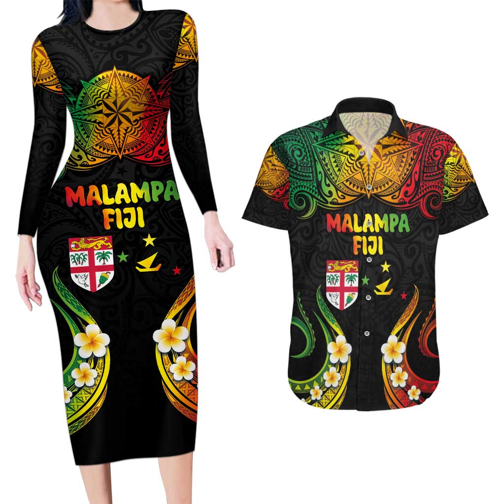 Personalised Malampa Fiji Day Couples Matching Long Sleeve Bodycon Dress and Hawaiian Shirt Polynesian Tattoo and Plumeria Reggae Color