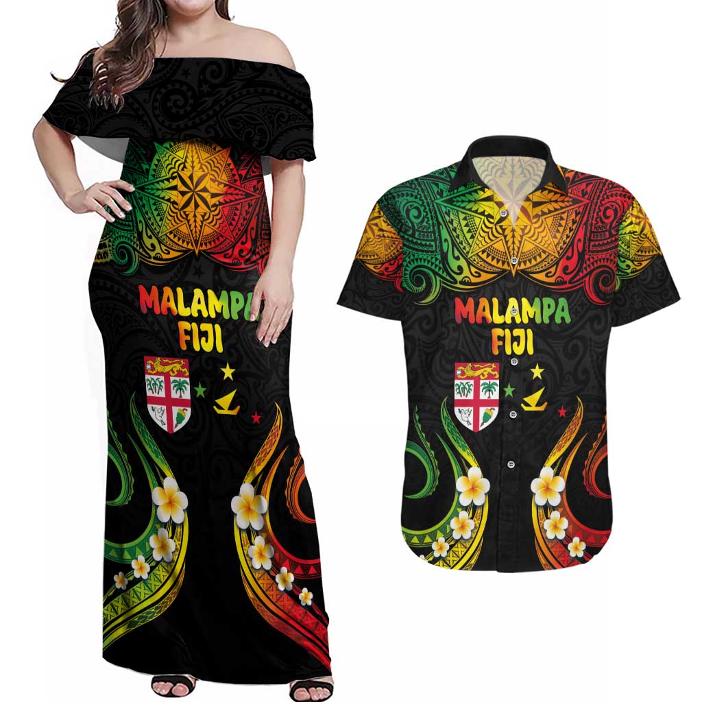 Personalised Malampa Fiji Day Couples Matching Off Shoulder Maxi Dress and Hawaiian Shirt Polynesian Tattoo and Plumeria Reggae Color