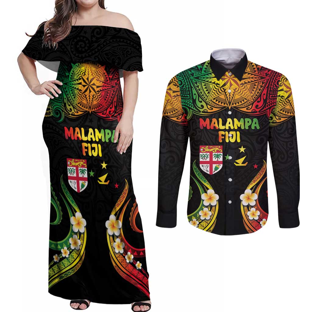 Personalised Malampa Fiji Day Couples Matching Off Shoulder Maxi Dress and Long Sleeve Button Shirt Polynesian Tattoo and Plumeria Reggae Color