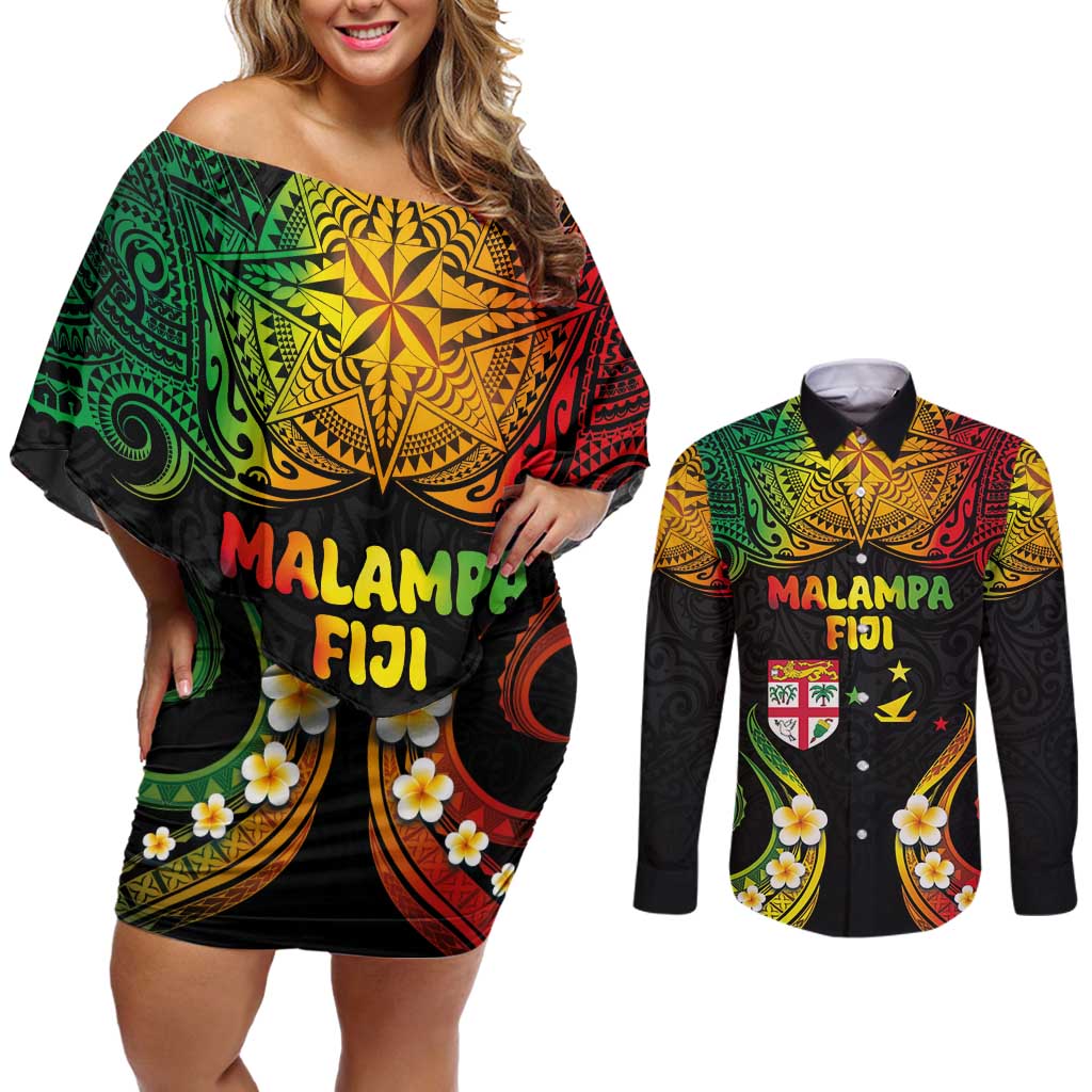 Personalised Malampa Fiji Day Couples Matching Off Shoulder Short Dress and Long Sleeve Button Shirt Polynesian Tattoo and Plumeria Reggae Color