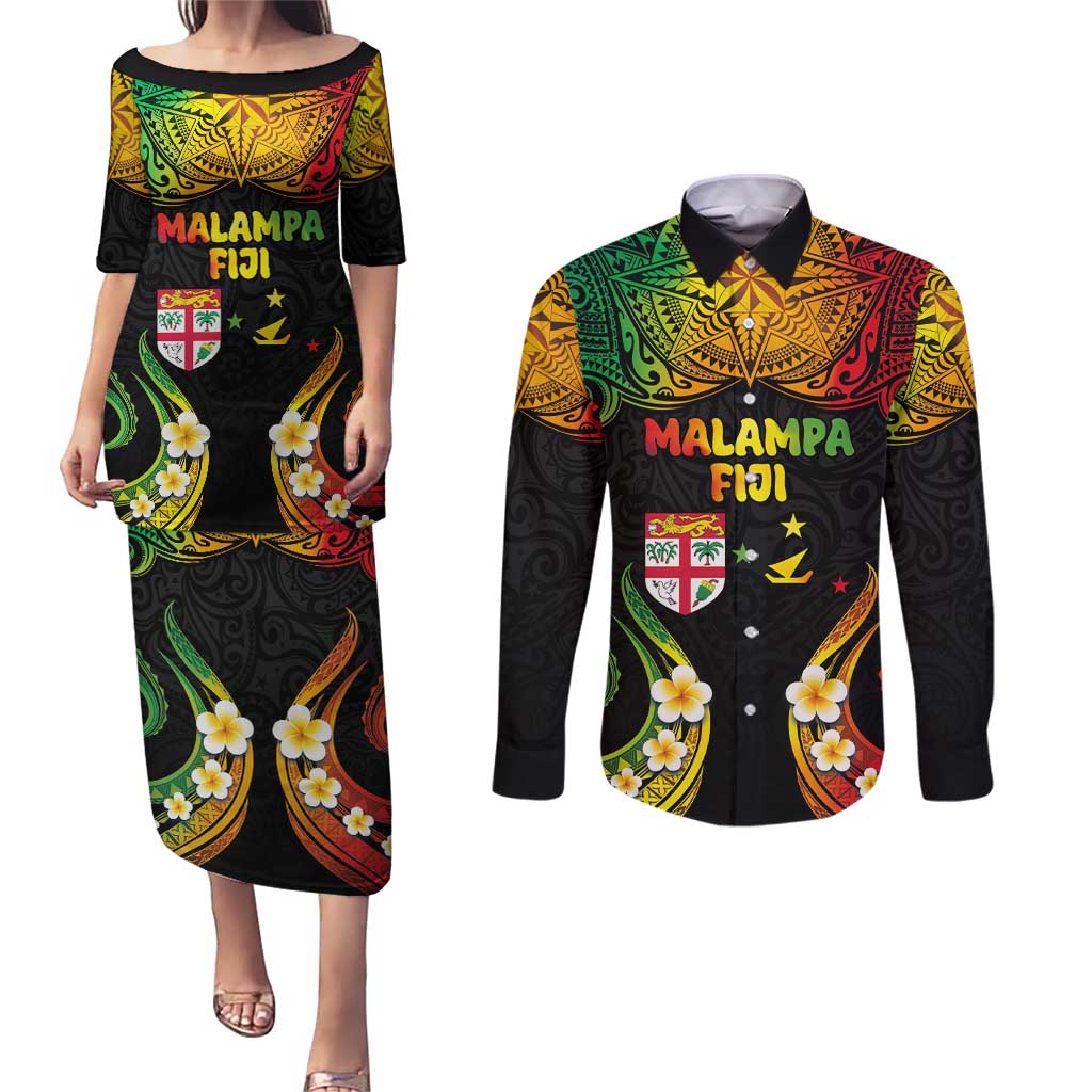 Personalised Malampa Fiji Day Couples Matching Puletasi and Long Sleeve Button Shirt Polynesian Tattoo and Plumeria Reggae Color