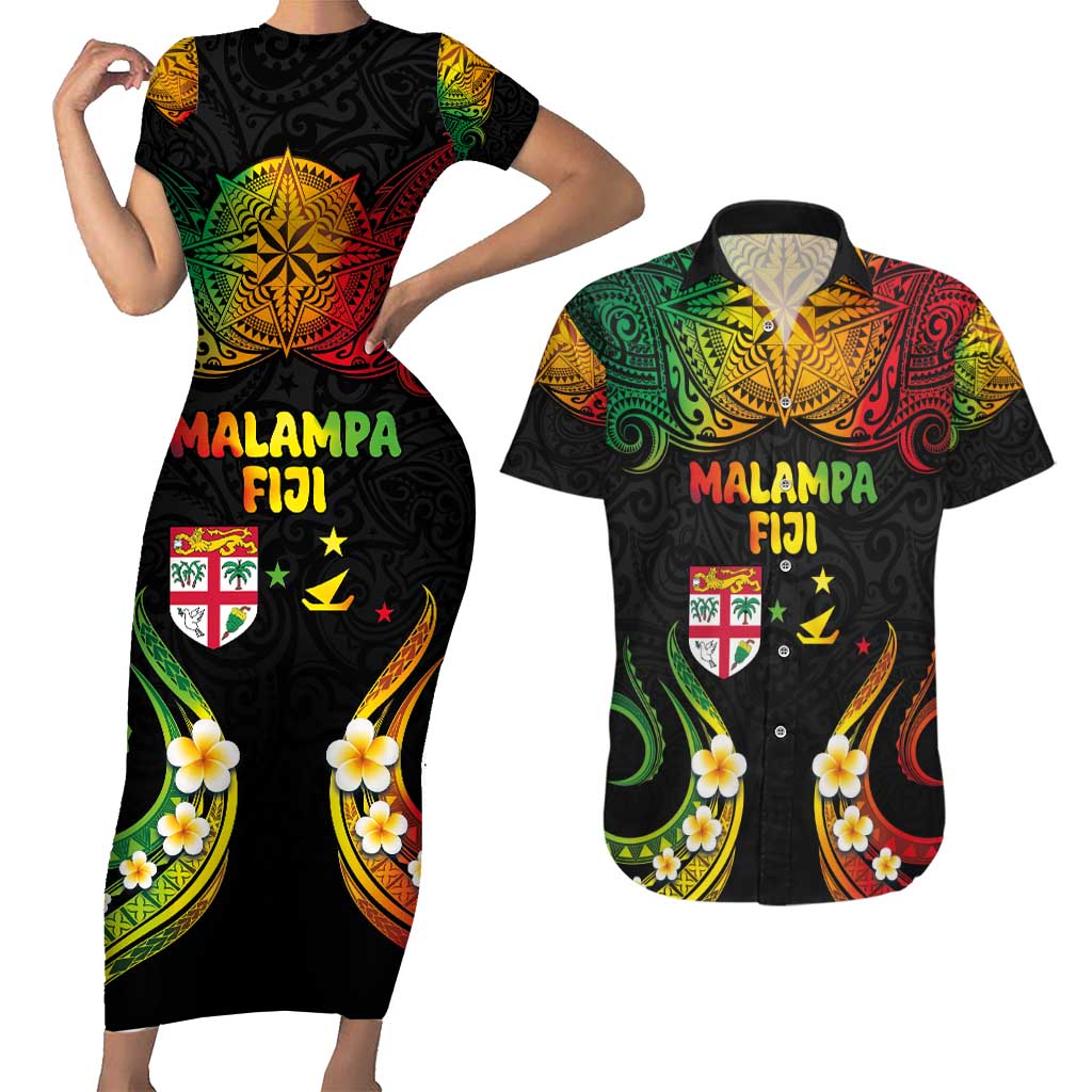 Personalised Malampa Fiji Day Couples Matching Short Sleeve Bodycon Dress and Hawaiian Shirt Polynesian Tattoo and Plumeria Reggae Color