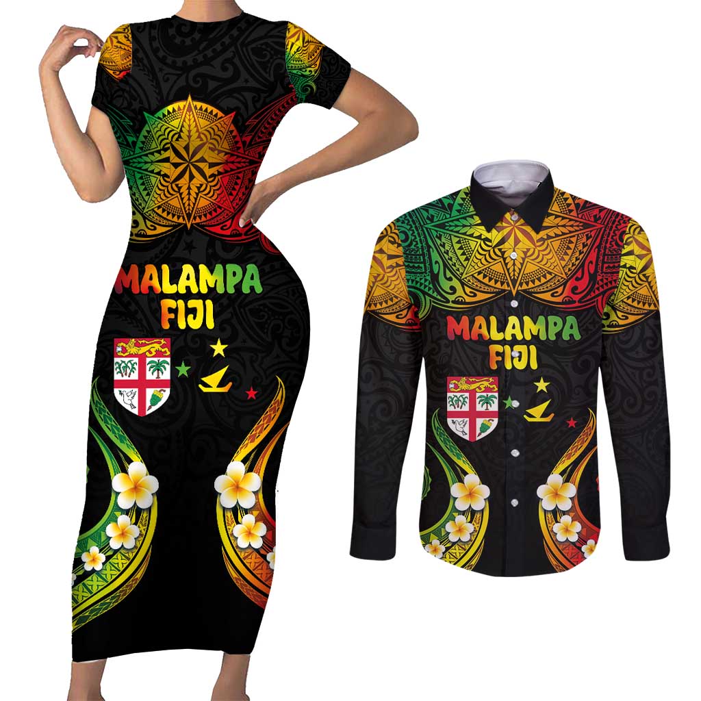 Personalised Malampa Fiji Day Couples Matching Short Sleeve Bodycon Dress and Long Sleeve Button Shirt Polynesian Tattoo and Plumeria Reggae Color